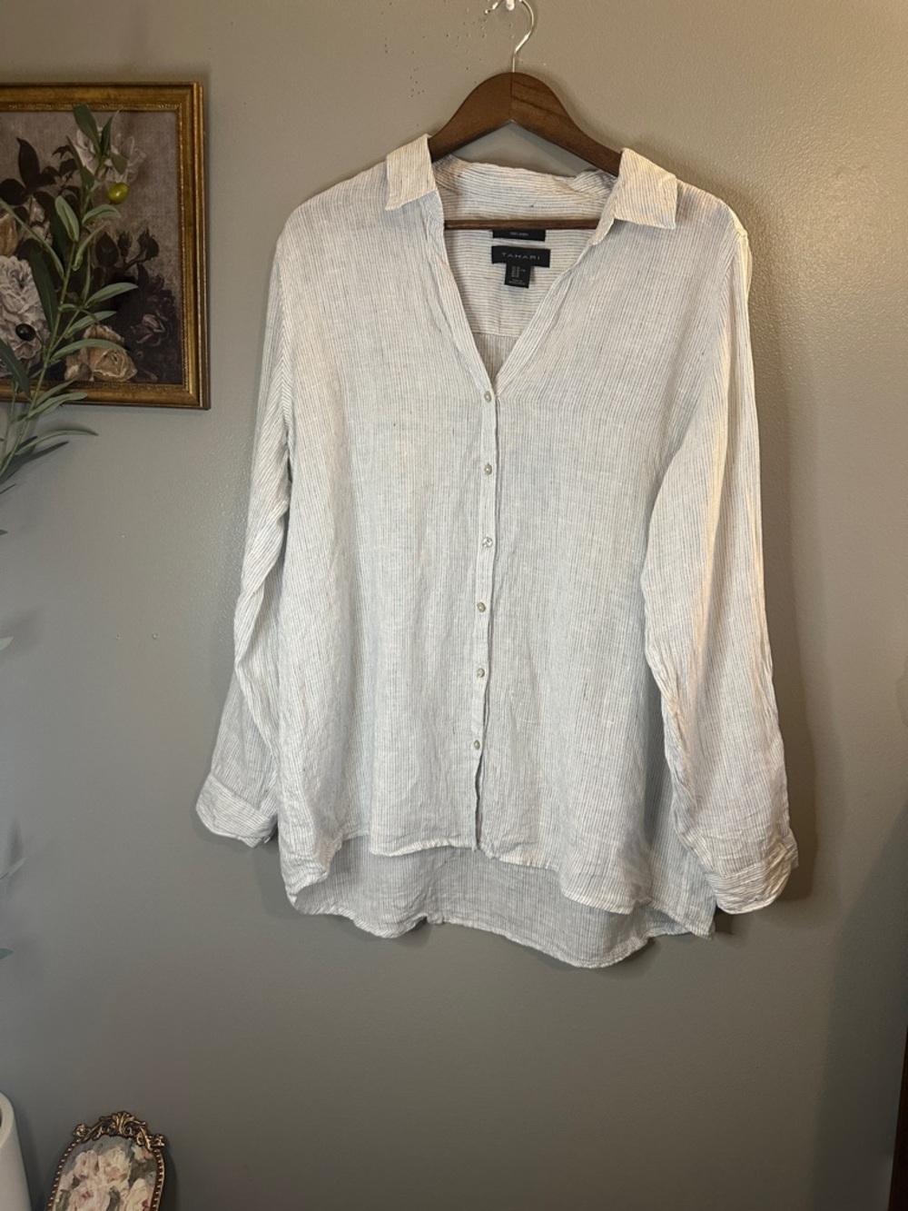 Tahari Soft Gray Pinstripe Button-Up Shirt - Picture 3 of 7